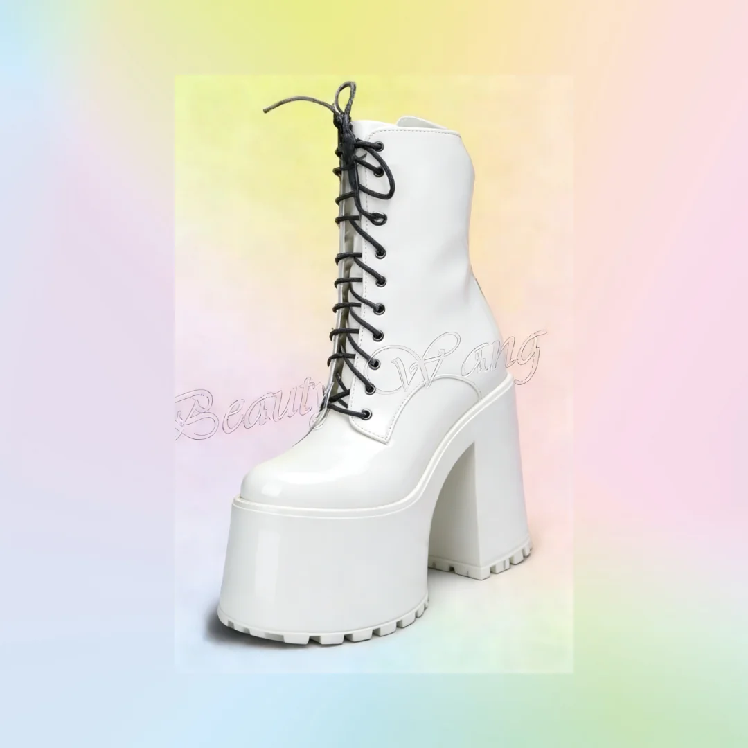 Red Black Platform Boots Cross Tied Women Shoes Chunky Heel Open Round Toe Square High Shoes for Men 2024Zapatos Para Hombres