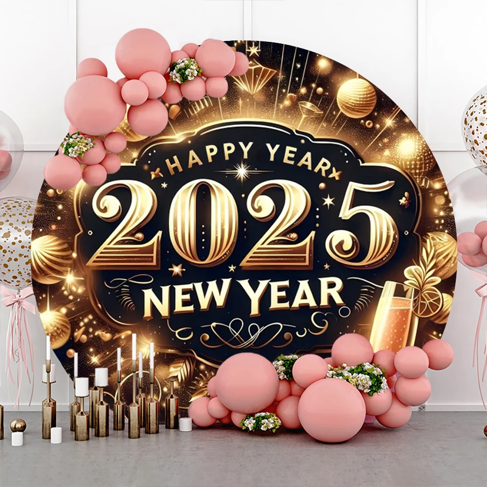 2025 Happy New Year Round Backdrop Cover Fireworks Gifts Bell Wine Glass Glitters Kids Family Party Photography Background Decor