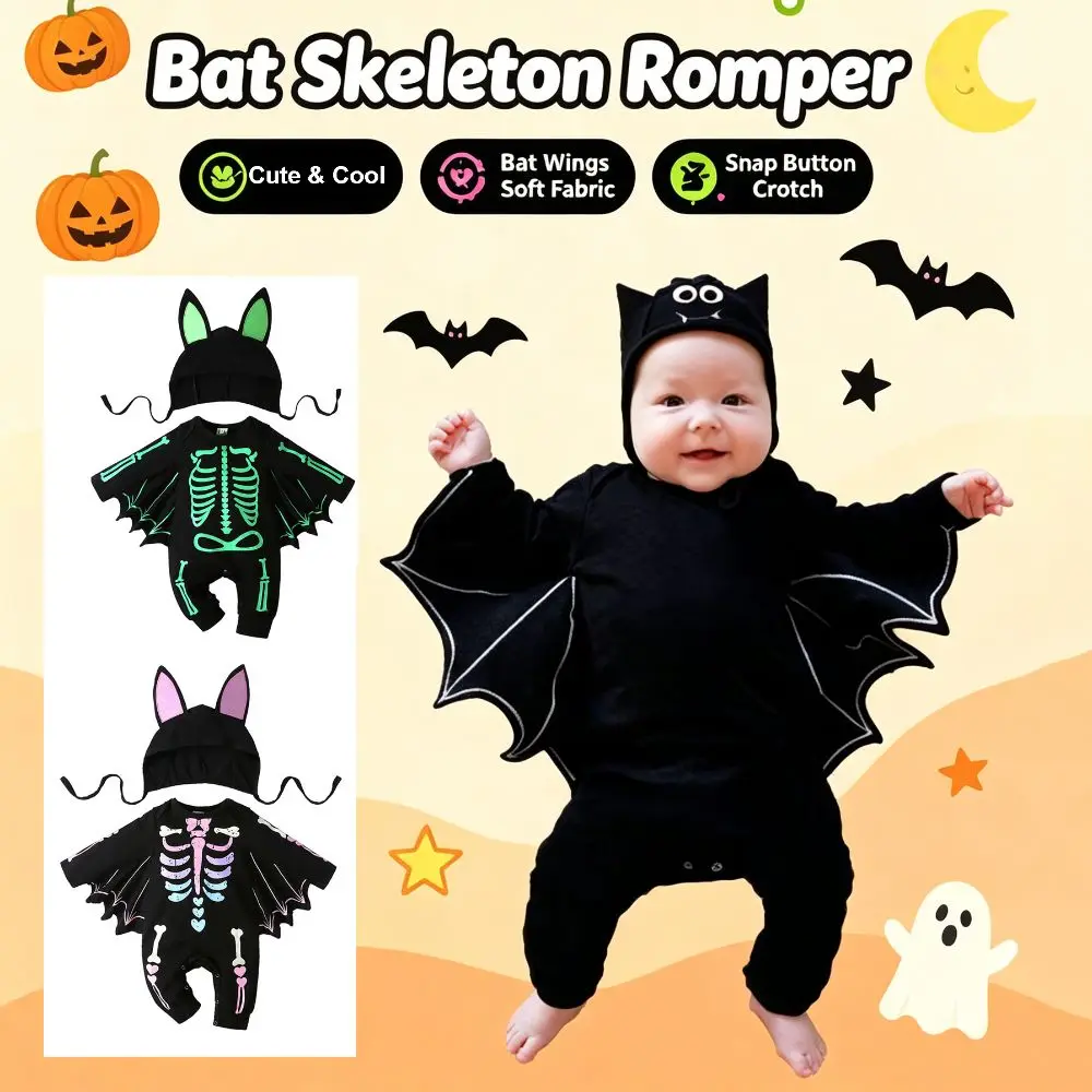 With Bat Design Baby Halloween Costume Cosplay Skull Head Baby FallOutfit Cute & Cool Autumn Style Infant Romper Infant Crawling