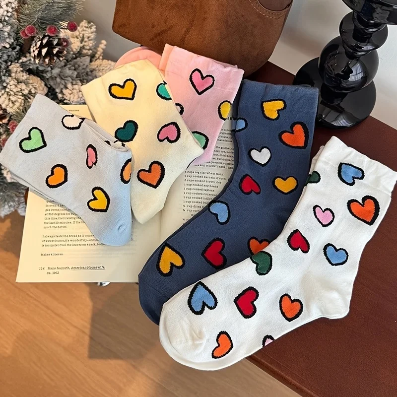 5 Pairs Women'S Spring Autumn Thin Dopamine Heart Outfit Cute Trendy Mid-Calf Socks
