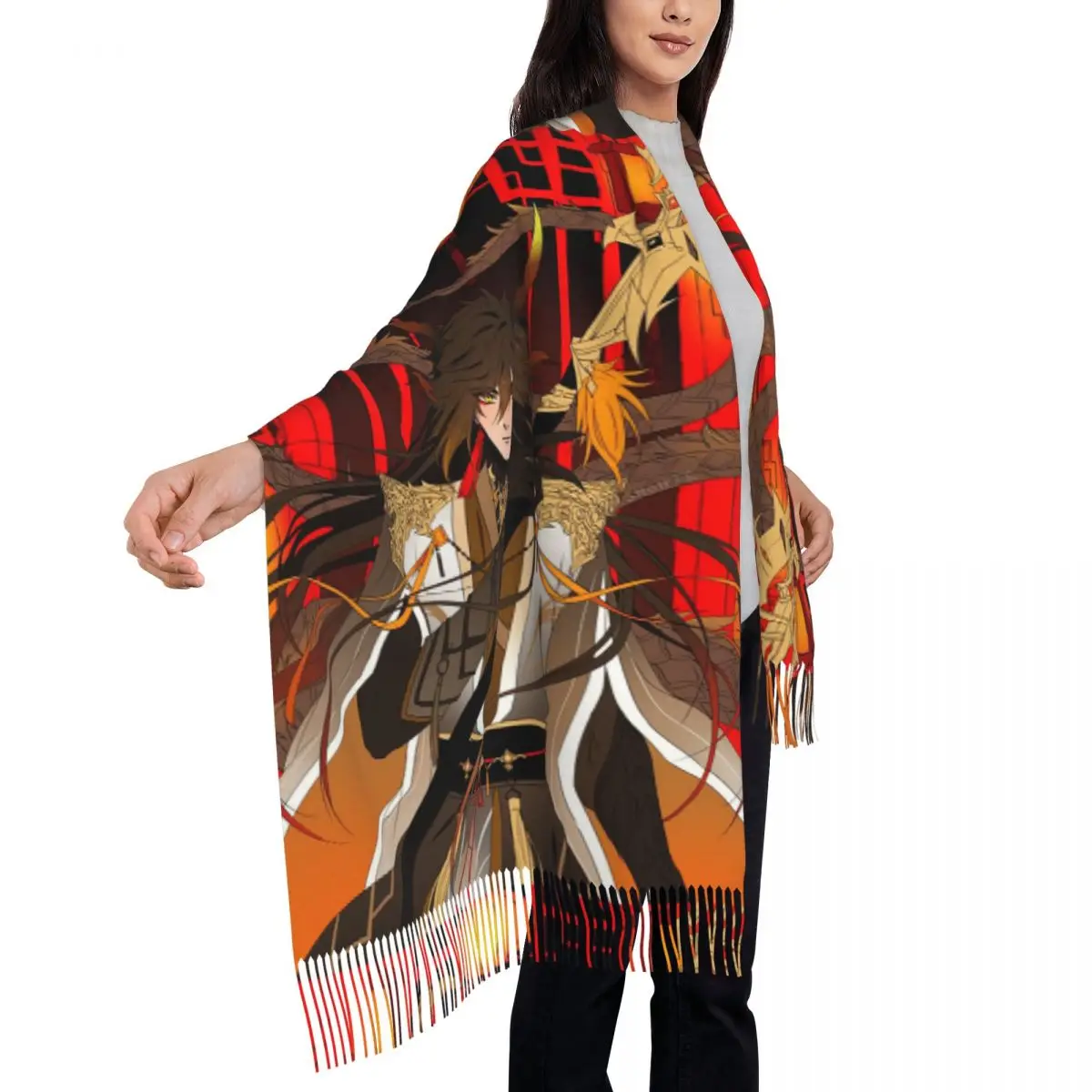 Zhongli Genshin Impact スカーフ タッセルスカーフ 女性用 ソフトで暖かいショールとラップ ロング 秋 冬 ショールラップ