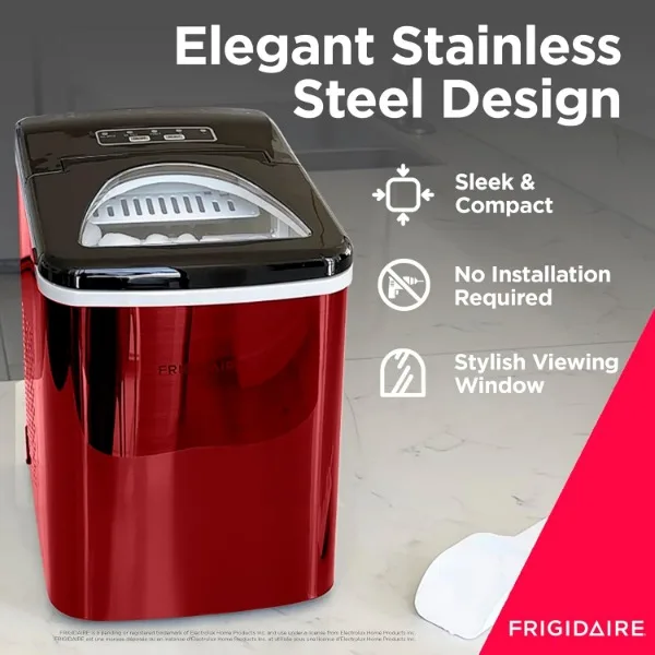 Pembuat es baja tahan karat Frigidaire EFIC117-SSRED-COM, 26lb per hari, merah tahan karat