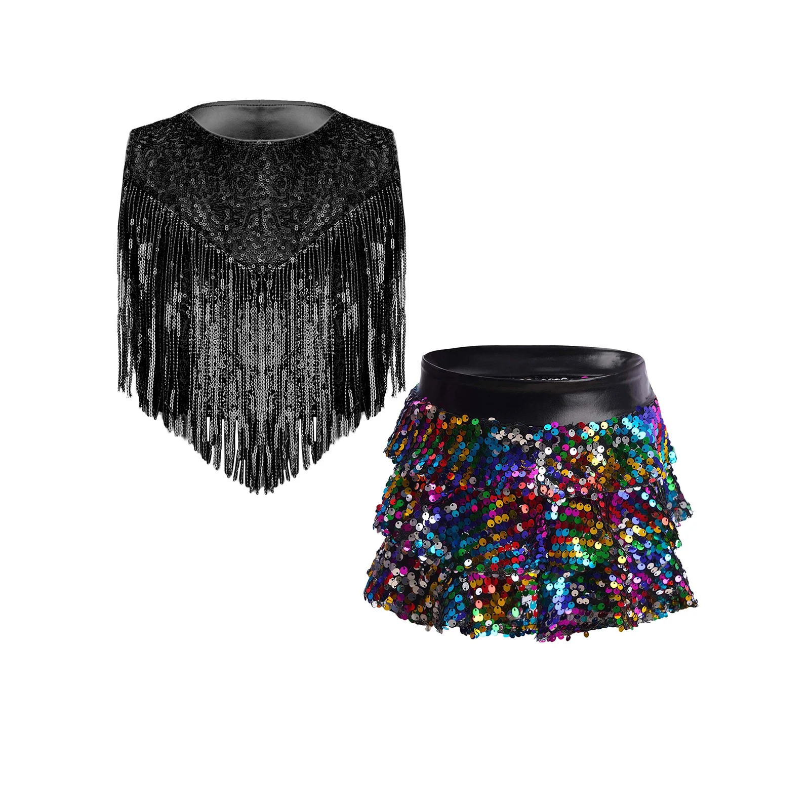 

Kids Girls 70s Disco Dance Jazz Tango Cha-cha Performance Costume Sequins Sleeveless Tassels Top with Skirted Culottes Outfits