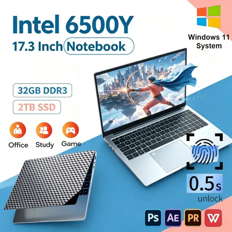 Premium 17.3 Inch Ultra Slim Notebook Intel 6500Y 16GB/32GB 2TB SSD Win11 2026 Trend Gaming Office Laptop