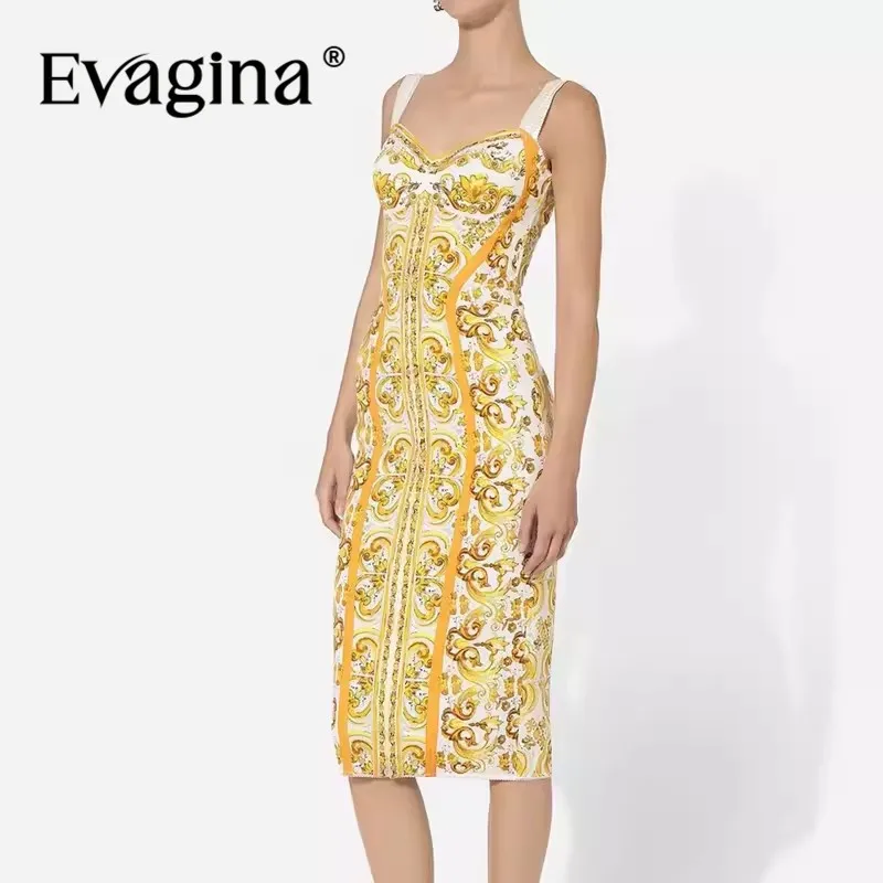 Evagina Summer Women's Dress Sexy Spaghetti Strap Backless Square-Neck High-End Slim Baroque Print Silk Dresses