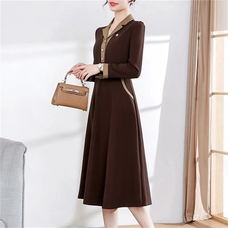 High End Long Sleeved Dress Women\'s Mid Length 2023 Spring Autumn New Fashion Versatile Slim And Belly Covering Dress With Belt