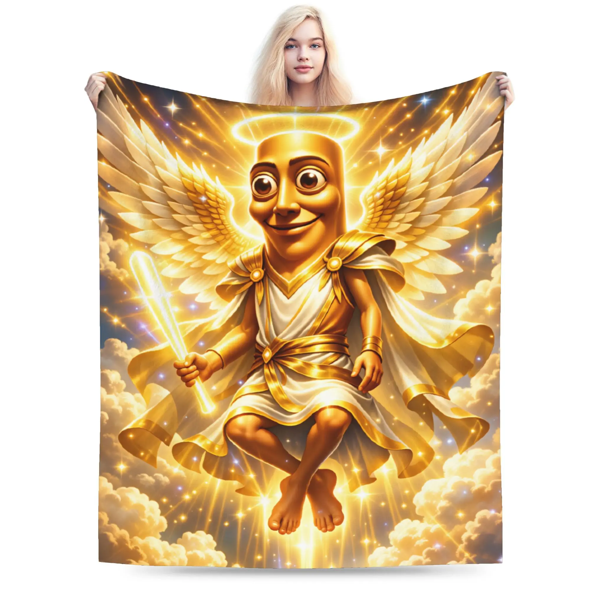 Tung Tung Sahur Golden Angel Wings Meme Flannel Blankets Girls Warm Throw Blanket Winter Couch Chair Bedspread Sofa Bed Cover