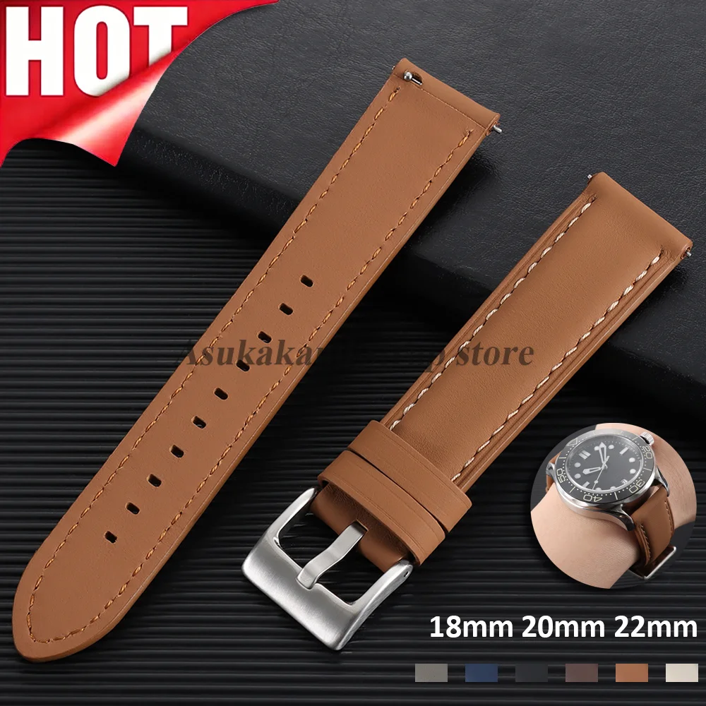 Bracelet de montre en cuir véritable 18mm 20mm 22mm pour Omega et Seiko, en cuir de vachette, avec boucle ardillon professionnelle et attache rapide