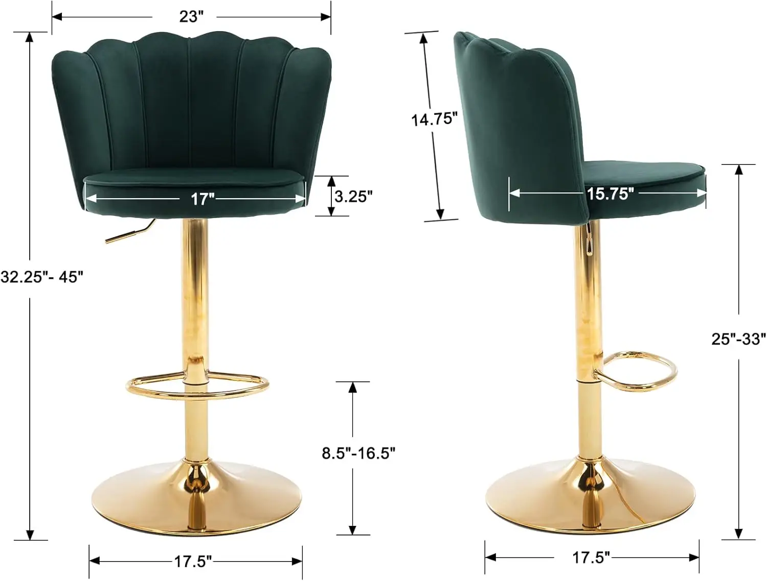 Set di 2 sgabelli da bar girevoli, sedie da bar regolabili imbottite in velluto con base dorata, verde scuro