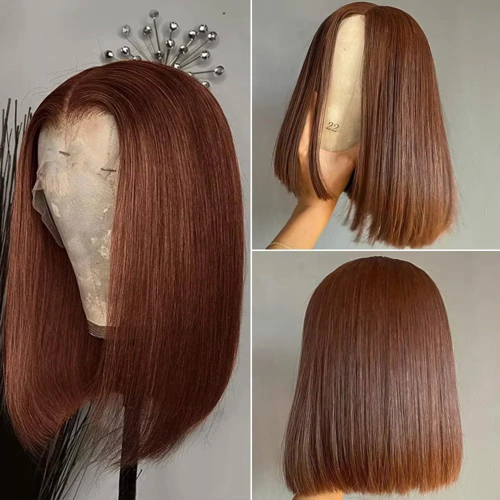 # Wig Bob Renda Transparan 4 13X4 Wig Rambut Manusia Bob Pendek Berwarna Coklat Coklat Wig Bob Pra Pencabutan 14 Inci untuk Wanita