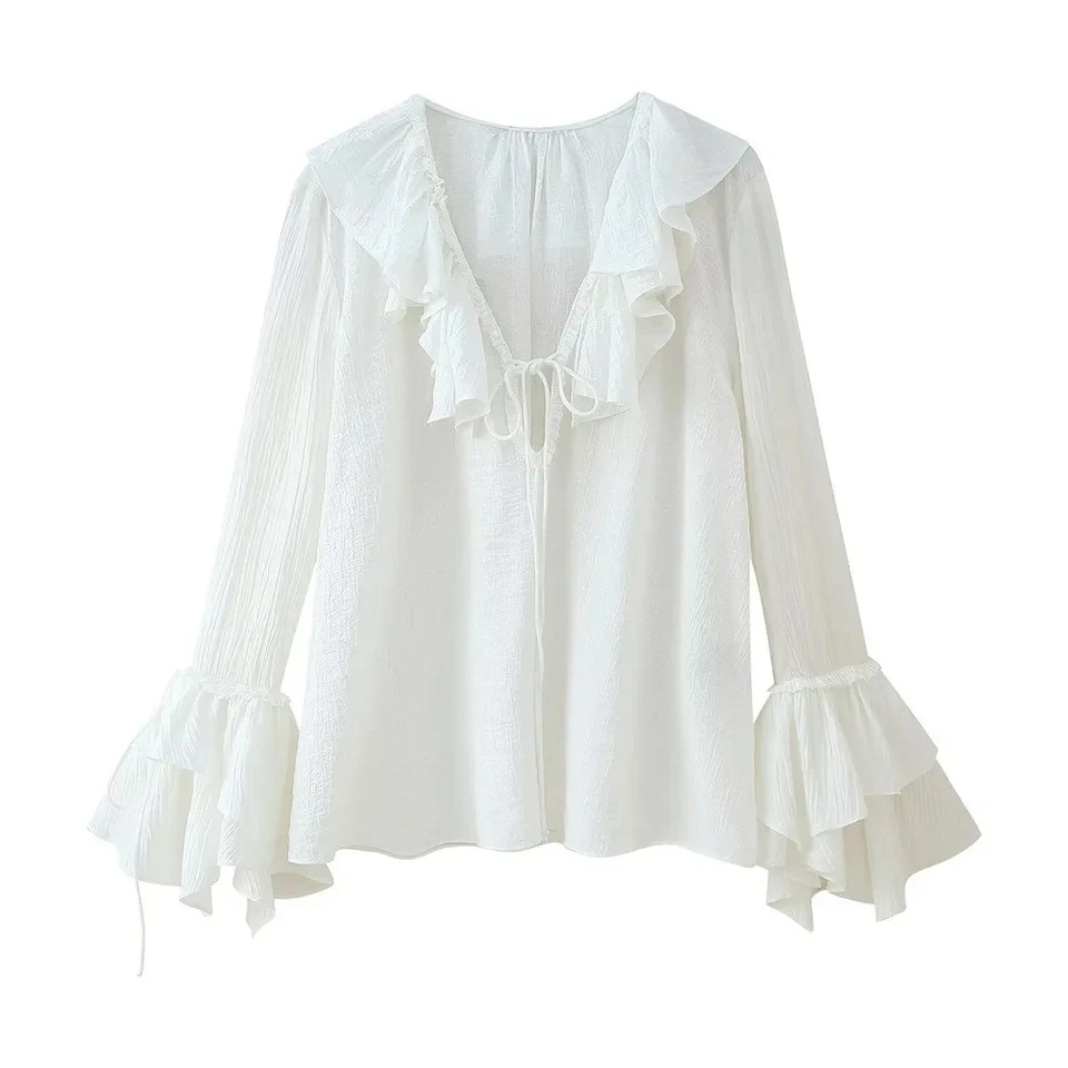 

2025 New Design Layered Decoration Long Sleeve White Shirt Women V Neck Ruffle Versatile Elegant Top