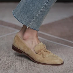 Spring/Autumn Women Loafers Sheep Suede Leather Shoes for Women Round Toe Low Heel Women Pumps Soft Bow-knot Slip-on Daily Shoes