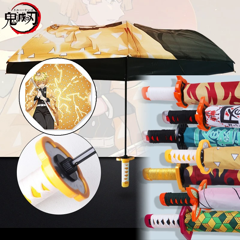 Demon Slayer Katana Umbrella Anime Kimetsu No Yaiba Zenitsu UV Block Black Parasol Japanese Katana Samurai Sabre Sword Umbrella