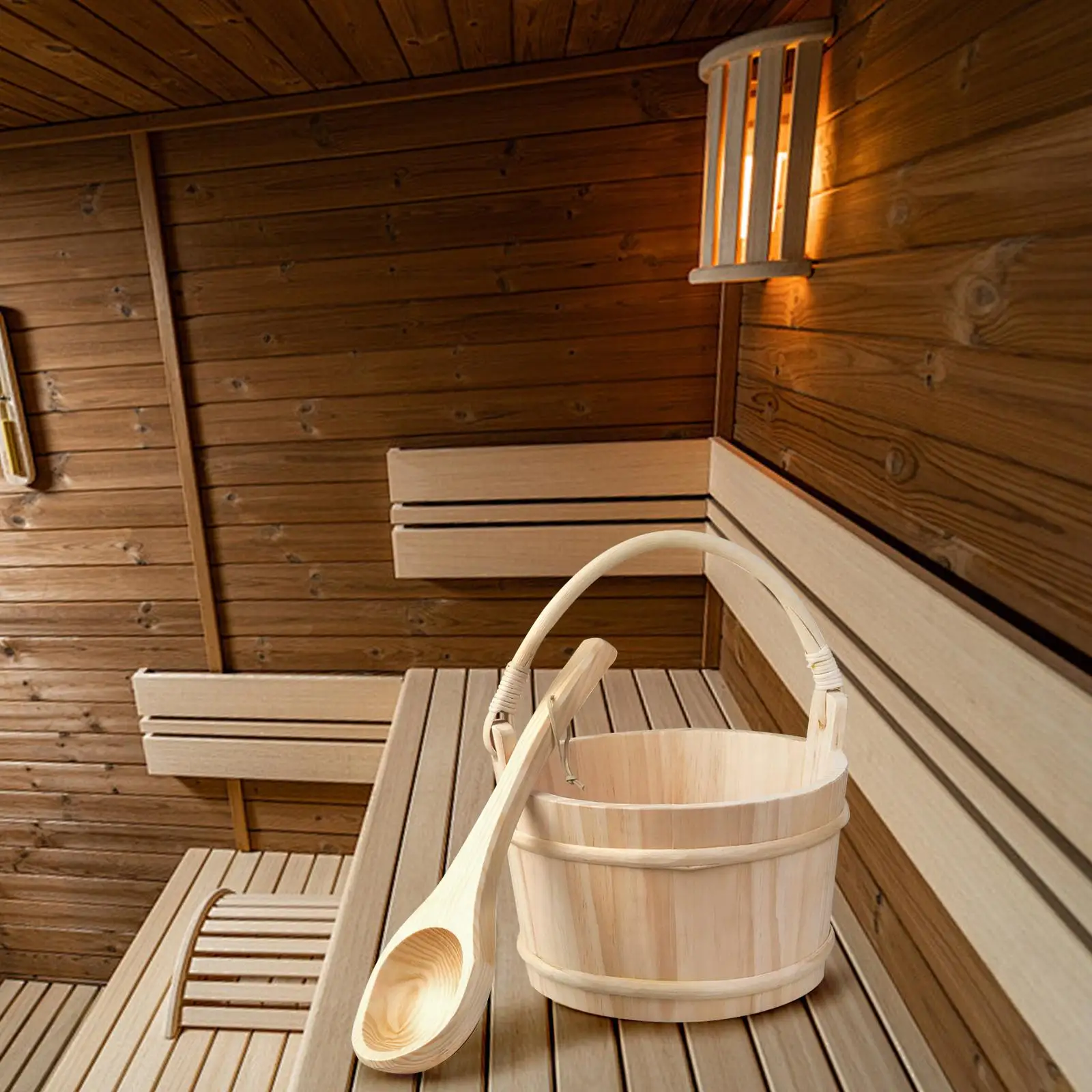 Sauna Bucket Wooden Ladle with Handle Shower Accessories Traditional Bathing Pail Spoon for Home Hotel Sauna Room Bathroom Bath