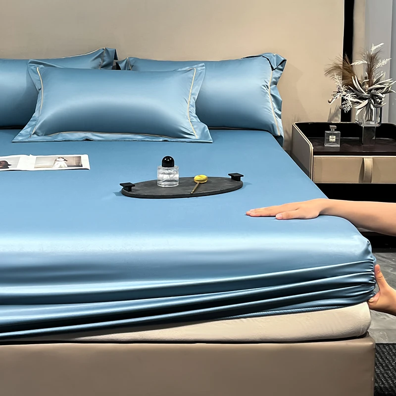 Soft Luxury Satin Fitted Bed Sheet with Elastic Bands Ice Silk Mattress Cover Non Slip Machine Washable 90/120/140/160/180/200cm