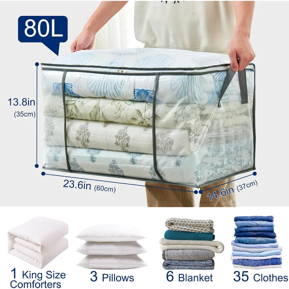 80L Clear Storage Bags (3 Pack) - Heavy Duty Foldable Organizer with Handles & Zippers for Clothes, Blankets, Bedding