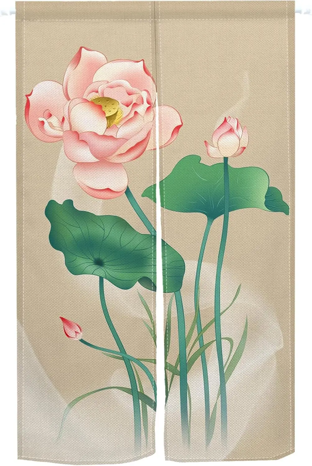 Lotus Flower Floral Noren Curtain, Pink Lotus & Green Leaf Print, Japanese Door Curtain for Home Bedroom Living Room Decor