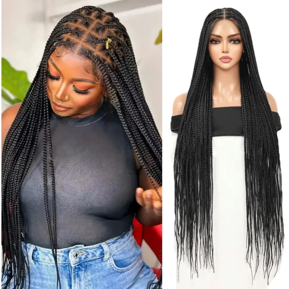

Box Braided Wigs Lace Front Knotless Box Braids Full Double Lace Frontal Wig for Women Synthetic Black Hand Embroidery Braids
