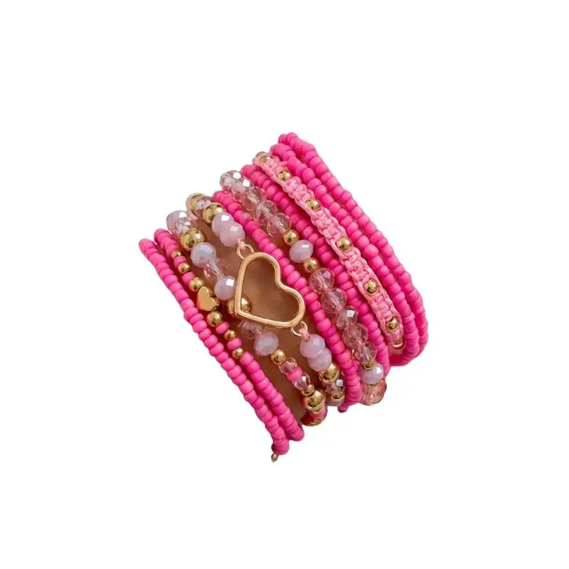 6Pcs Heart Shaped Rice Bead Bracelet Set Bohemian Handmade Delicate Women Jewelry for Weekend Outing Holiday Gift