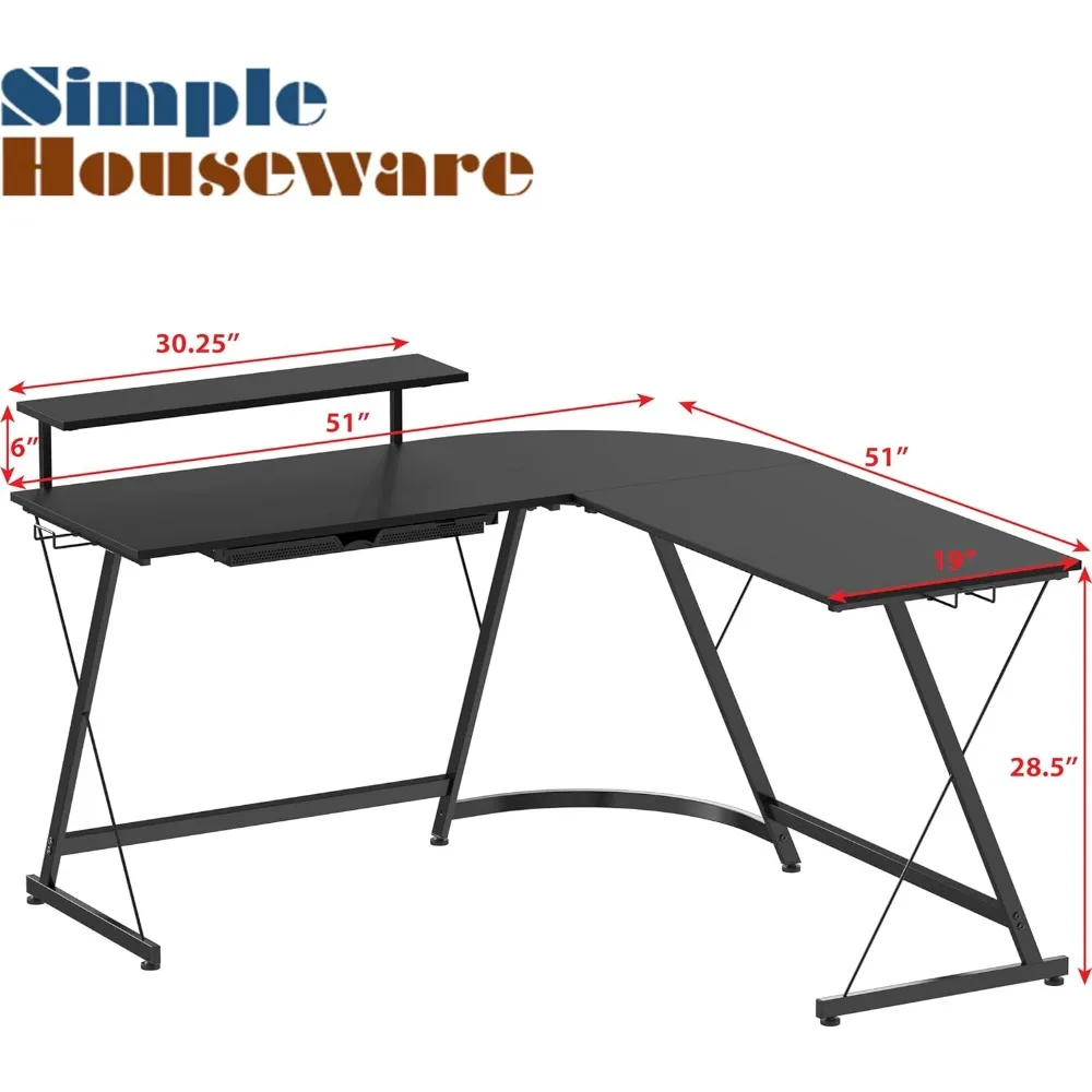 Vista L-Vorm Bureau Met Monitorstandaard, Zwart