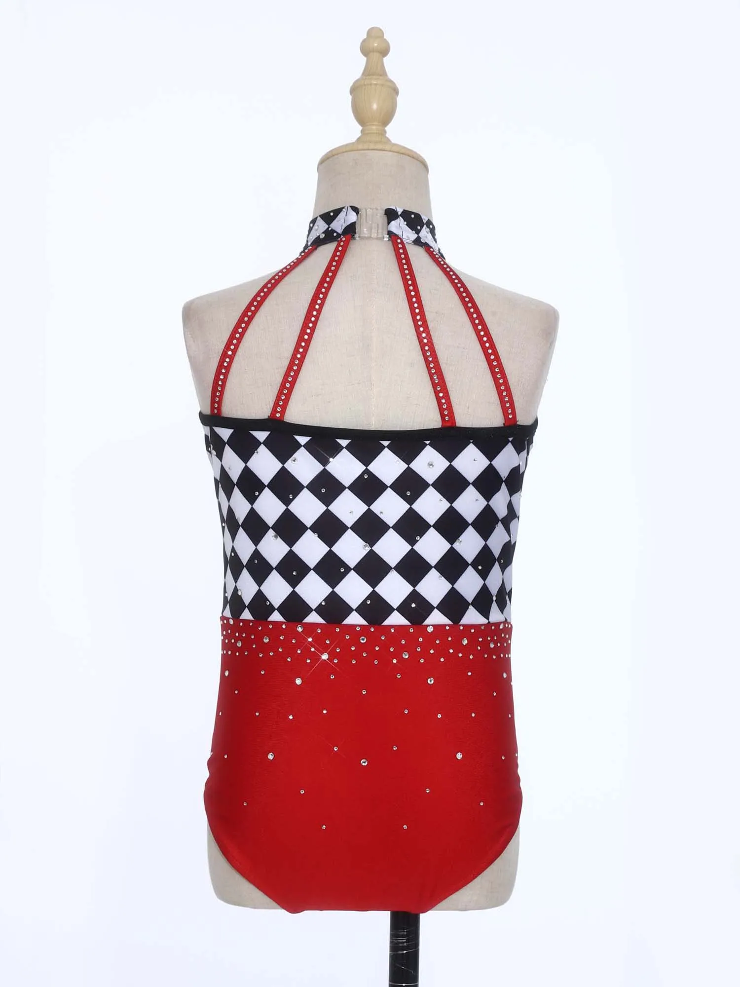 Kids Girls Heart Queen Dress Up Halloween Circus Costume Jumpsuit Rhinestones Halter Sleeveless Checkerboard Leotard Bodysuit image 5