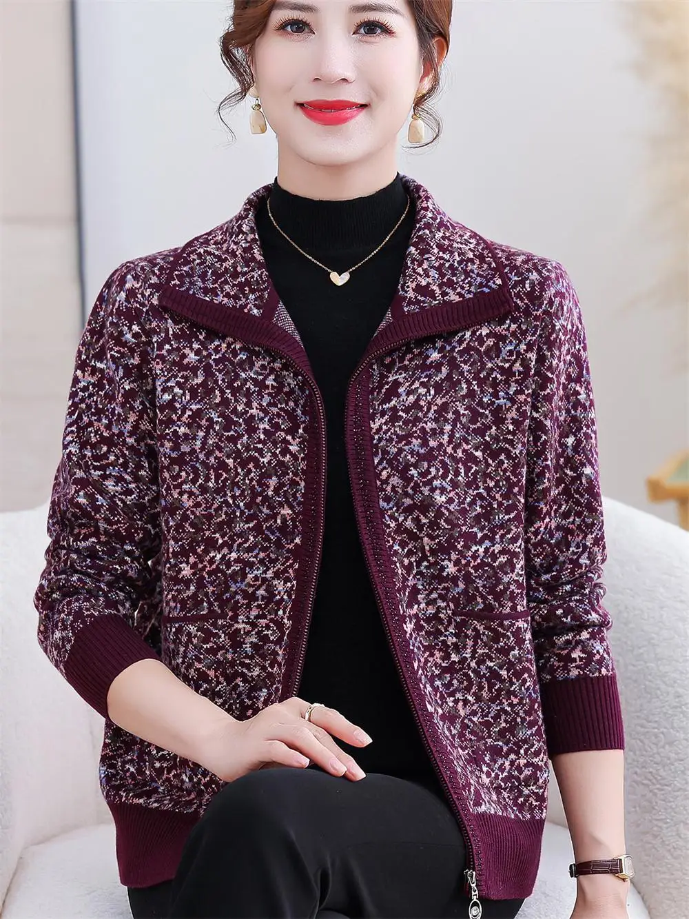 

Long Sve Knitted Wool Jaet Zipper Collar Open Cardigan Coat for Middle-Aged Women Faionable Loose Sle Autumn Wear