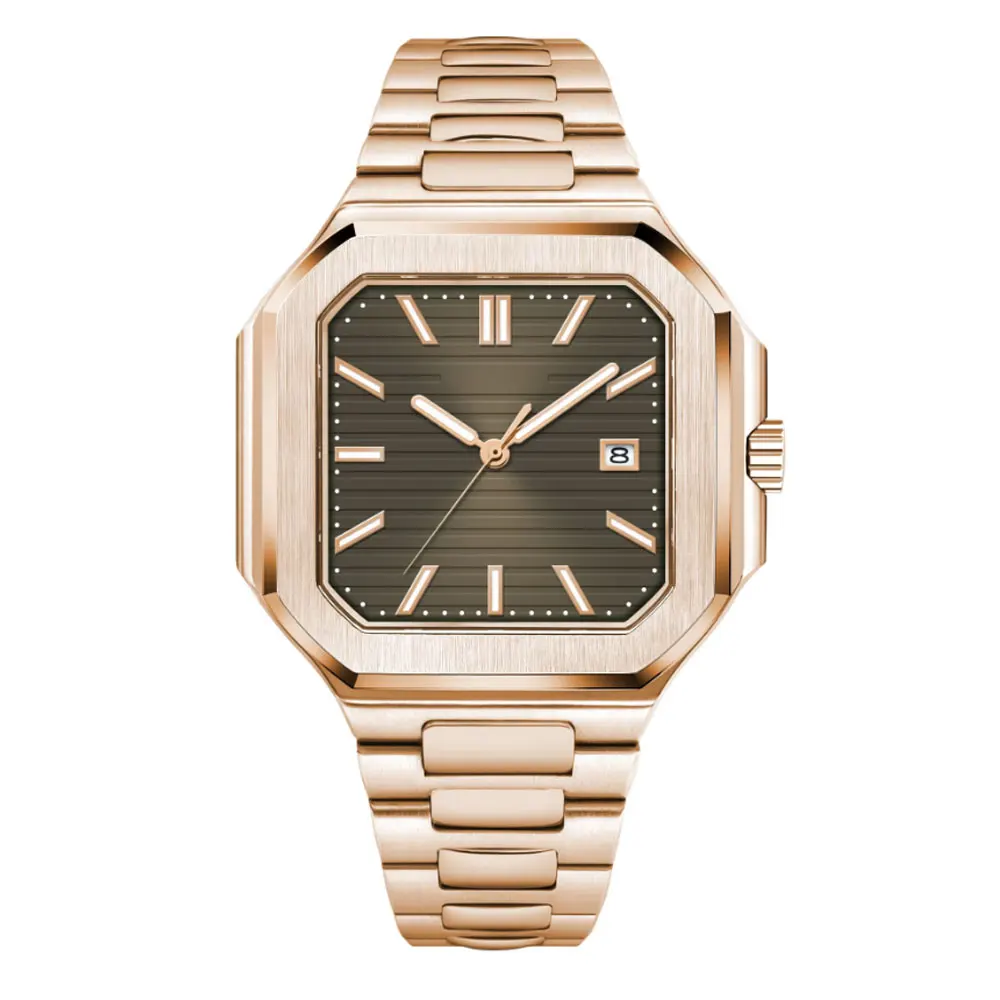 Relógio masculino quadrado de luxo com logotipo personalizado, 44mm, automático, nh35/miyota, prata, ouro rosa, à prova d'água, mecânico