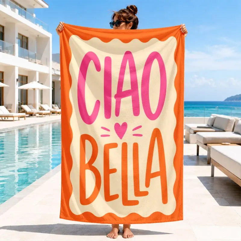 Navy Line Art Lemon Floral Ciao Exclamation Letter Beach Towel Quick Dry Lightweight Towel For Mediterranean Style Seaside