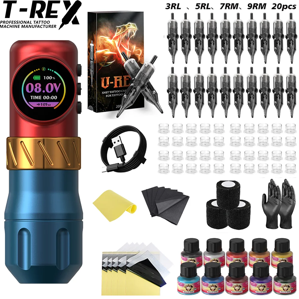 

Tattoo Kit T-Rex Wireless Tattoo Machine Pen 7 Adjustable Strokes Direct Drive Custom Motor LCD Screen Tattoo Pen Kit