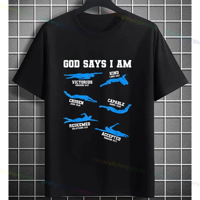 

Swimming Enthusiast Graphic Tee with Inspirational Bible Verses & Stylized Diving Designs Short-sleeve Crewneck Pure Cotton Tee