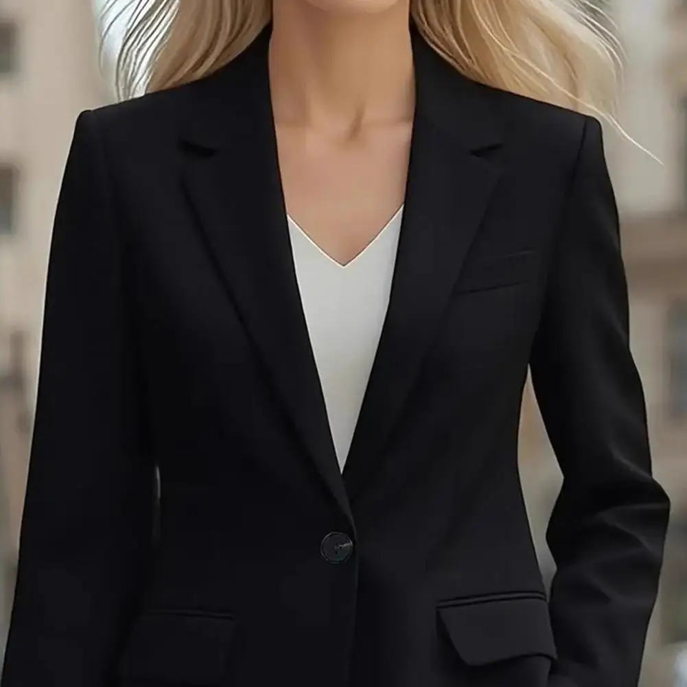 

Женский деловой пиджак на весну-осень с лацканами, длинными рукавами, на одной пуговице, с карманами, для офиса
