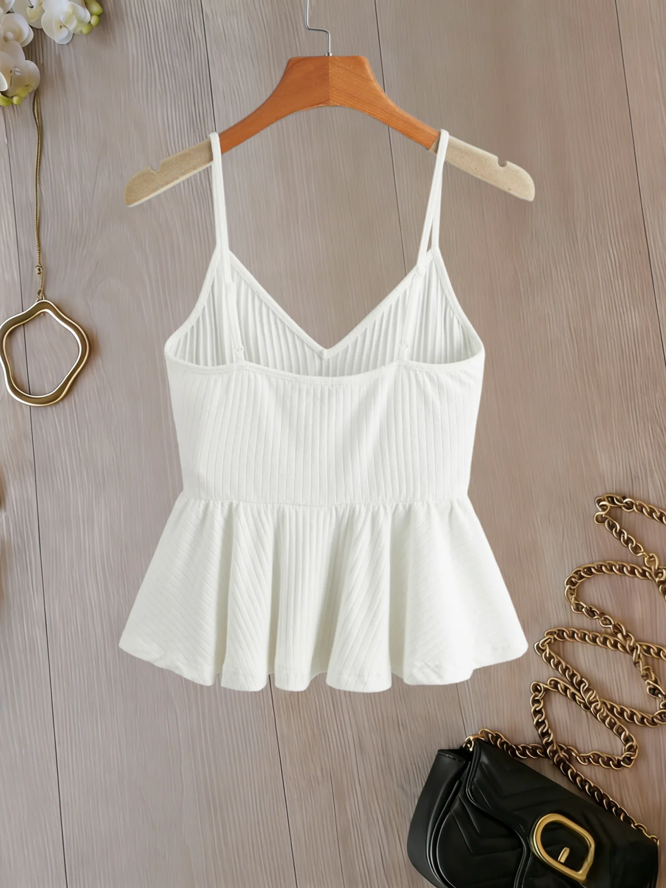Women Ribbed V Neck Peplum Cami Top Casual Spaghetti Strap Flared Hem Sleeveless Tank Top