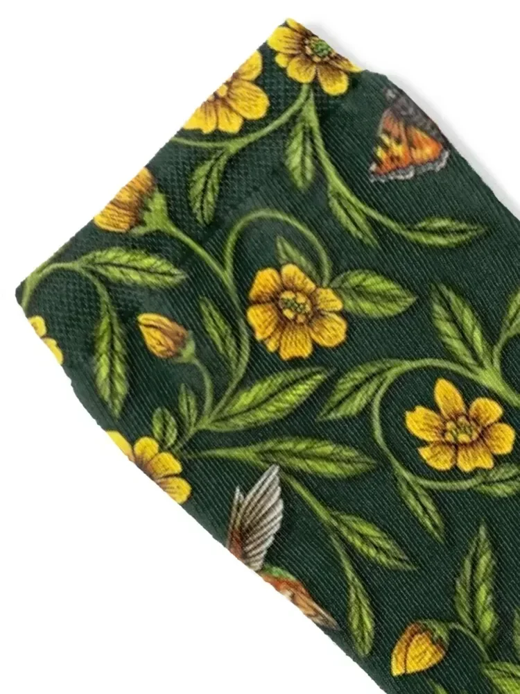 Humminbirds, Schmetterlinge und gelbe Blumen auf dunkelgrünen Socken, luxuriöse Wandersocken für Herren und Damen