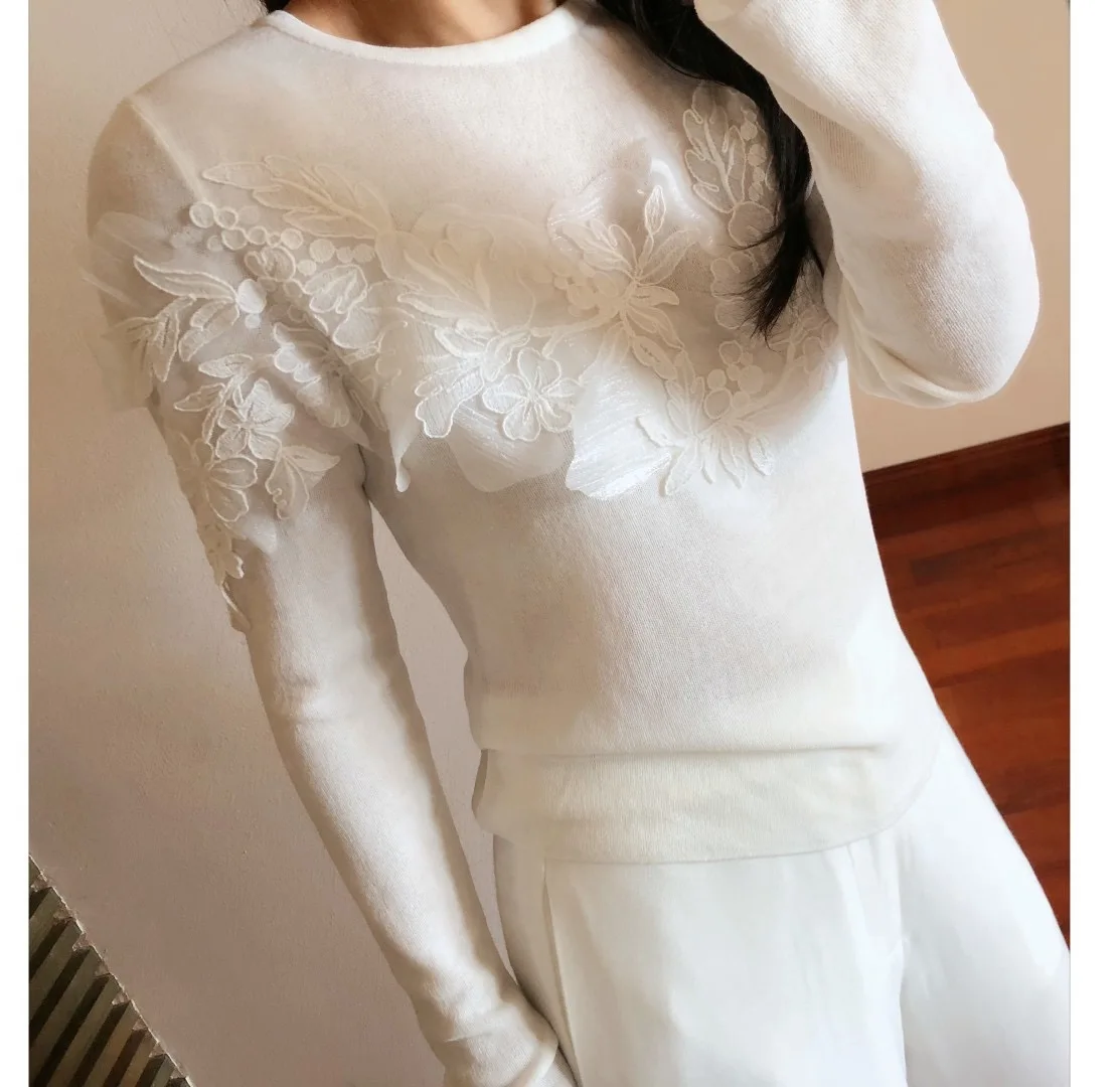 

Модный женский тонкий полупрозрачный повседневный вязаный топ из мягкой шерсти с вышивкой, с круглым вырезом и длинными рукавами, для ранней весны