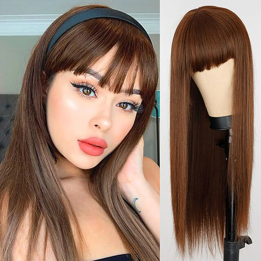 Burgundy Wine Wig for Women - Long Natural Straight Synthetic Hair Wig with Neat Bangs, Ideal for Cosplay, Christmas Parties