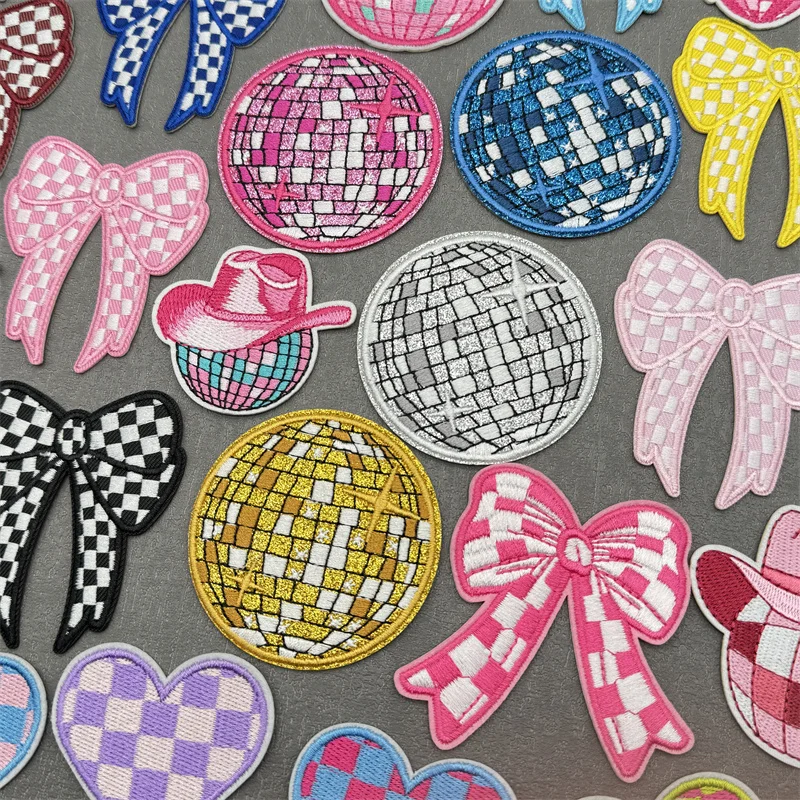 

Disco Ball Heart Embroidery Patches Hats Backpack Sew Embroidered DIY Cartoon bowknot Patch Iron On Patches For Clothing Sticker