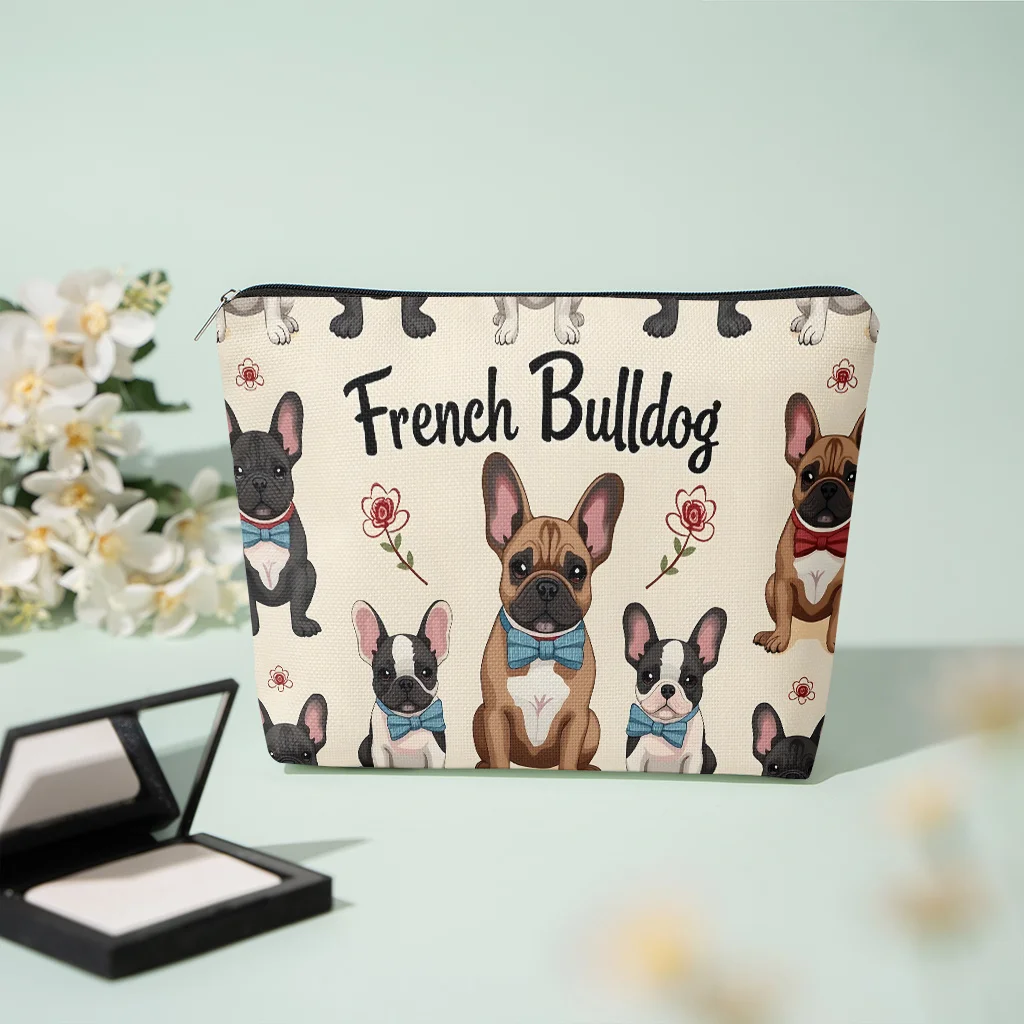 French Bulldog Dog Floral Bow Print Cosmetic Bag Zipper Makeup Pouch Portable Travel Toiletry Storage Bag Dog Lover Gift Women