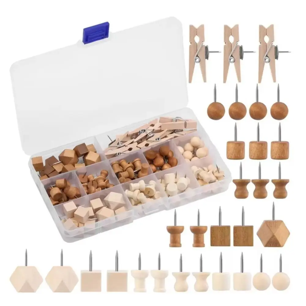 114Pcs Decorative Wood Push Pins Various Style with Storage Box Drawing Thumb Tacks Fixing Photos Wooden Cork Board Thumbtack