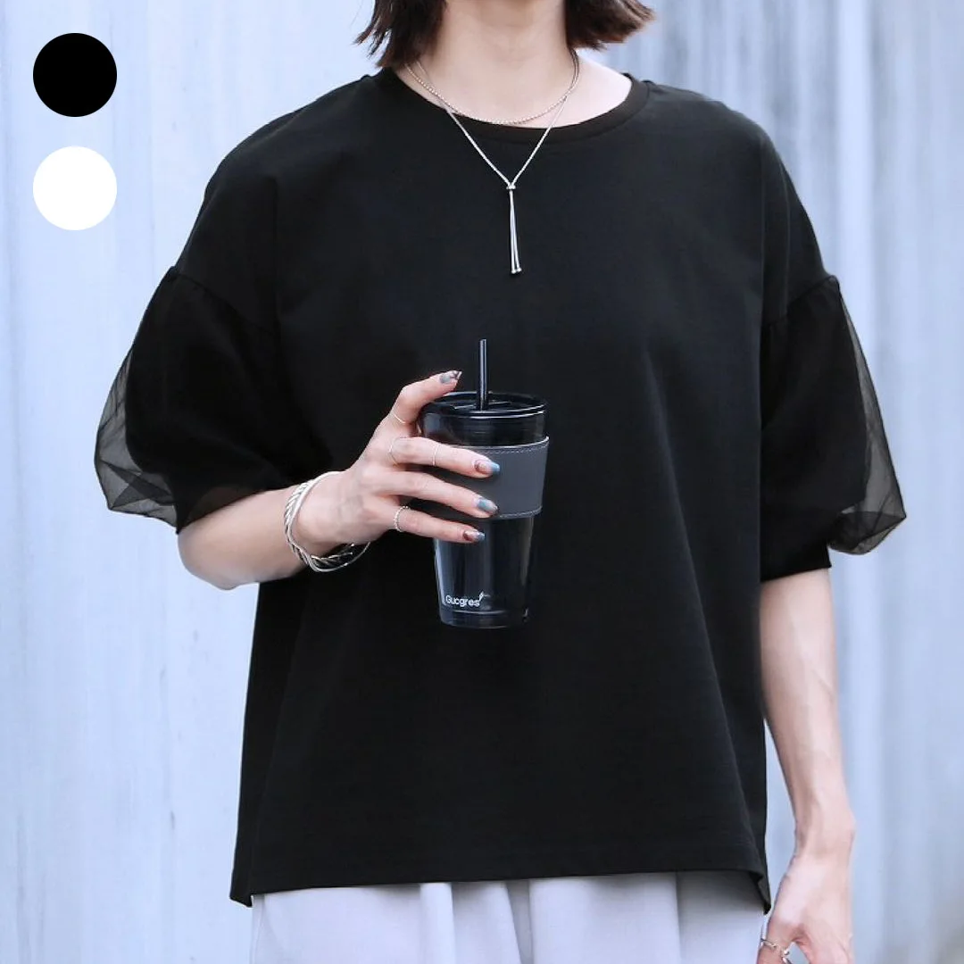 

Lotte New Product Pure Cotton Loose T-Shirt For Women Summer Mesh Patchwork Lantern Five-Sleeve Round Neck Top