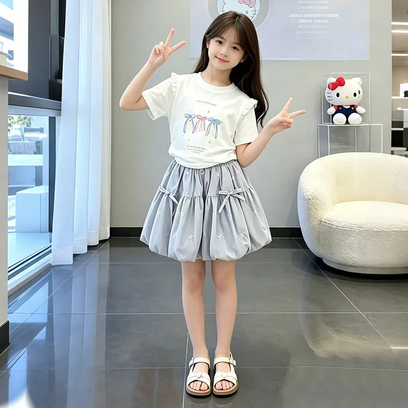 2pcs Set 2026 Summer Girls Clothes Children Suit Teenager Short Sleeve Loose Bow T Shirt Top + Tutu Skirt 4 5 8 9 10 11 12 Year