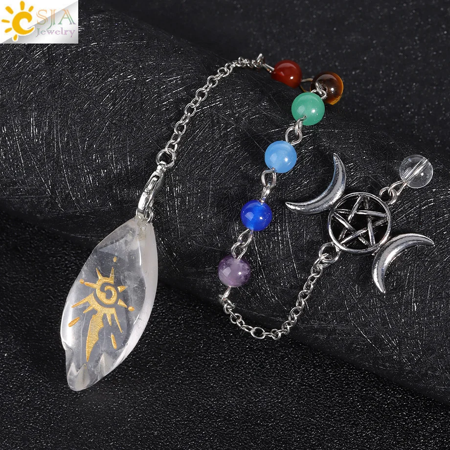 CSJA Reiki Rock Crystal Pendulum for Dowsing Divination Wicca Horse Eye Pendant Reiki Sun Symbol Spiritual Pendulo H560