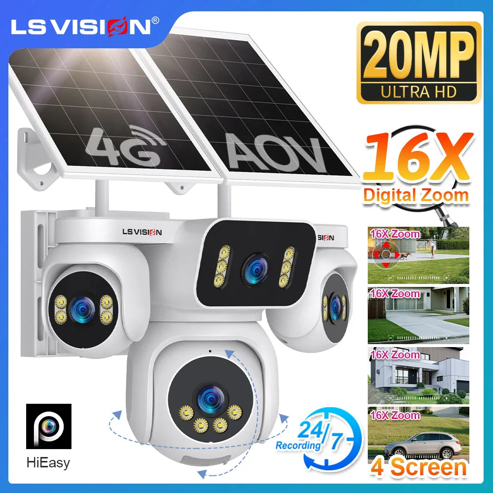LS VISION 20MP Four Screens 4G AOV Solar Camera 24/7 Recording Outdoor 16X Digital Zoom Human Auto Tracking Surveilance Cameras