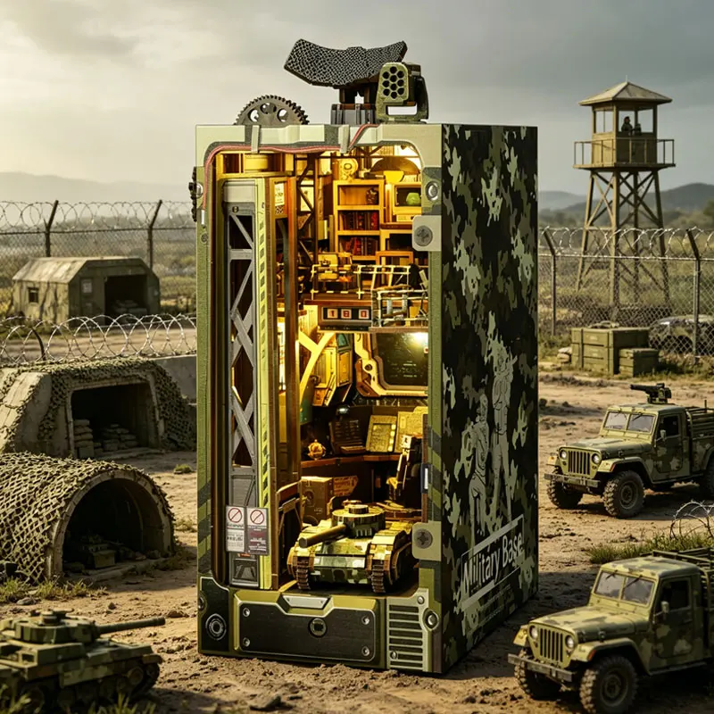 

Zuuton Военная База Камуфляжный Книжный Уголок Деревянный DIY 3D Пазл Миниатюрная Сцена С LED Подсветкой Декор Подарок Для Военлюбителей