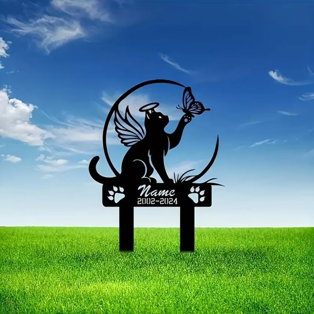 CIFBUY Custom Angel Cat Garden Stake Sign,2D Metal Pet Memorial Marker,Personalized Name Yard Plaque for Lawn Outdoor Decor