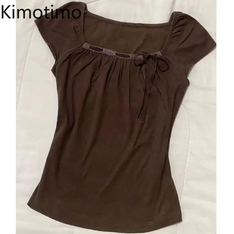 Kimotimo Vintage Brown Short Sleeve T-shirt Women Square Collar Lace Up Slim Fit Crop Top Simple Spicy Girl Y2k Aesthetic Tees