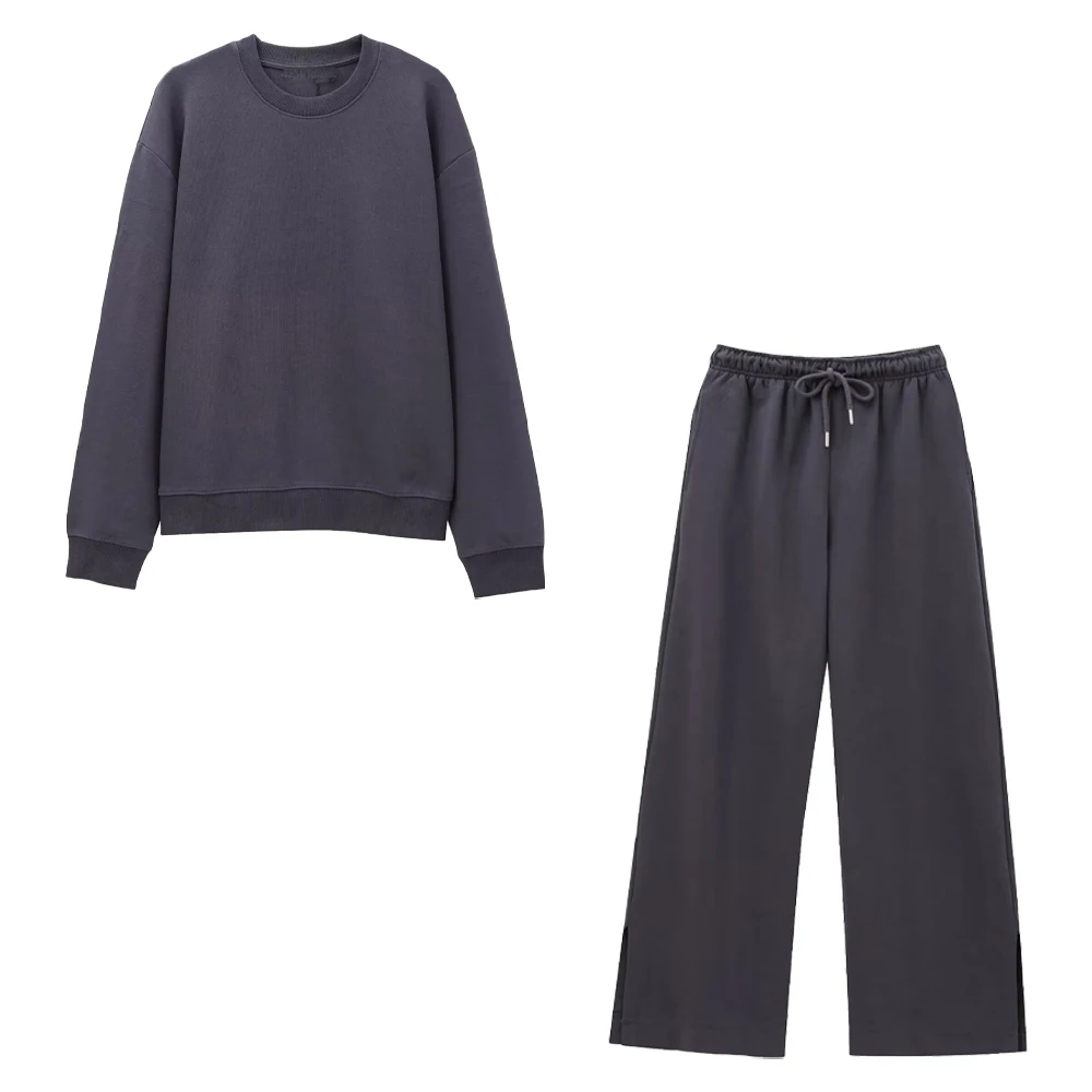 Taop&Za Autumn new women\'s fashionable casual loose round neck long sleeved sweatshirt with split legs and pants set