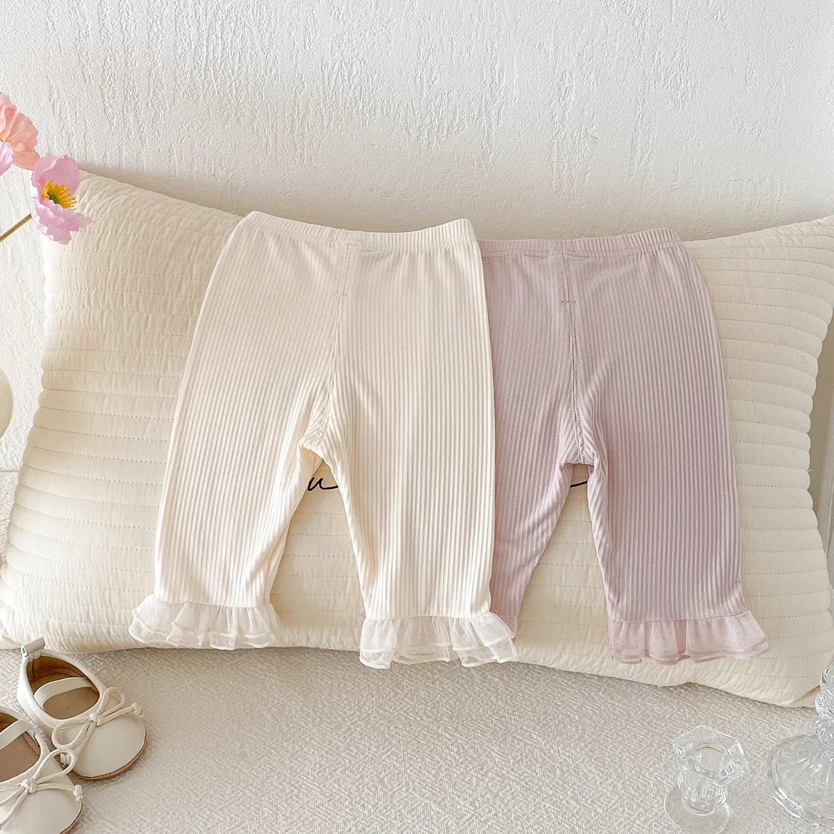 2025 Summer New Baby Girl Thin Cotton Leggings Solid Kids Girls Lace Trousers Toddler Bow Casual Pants Children Clothes