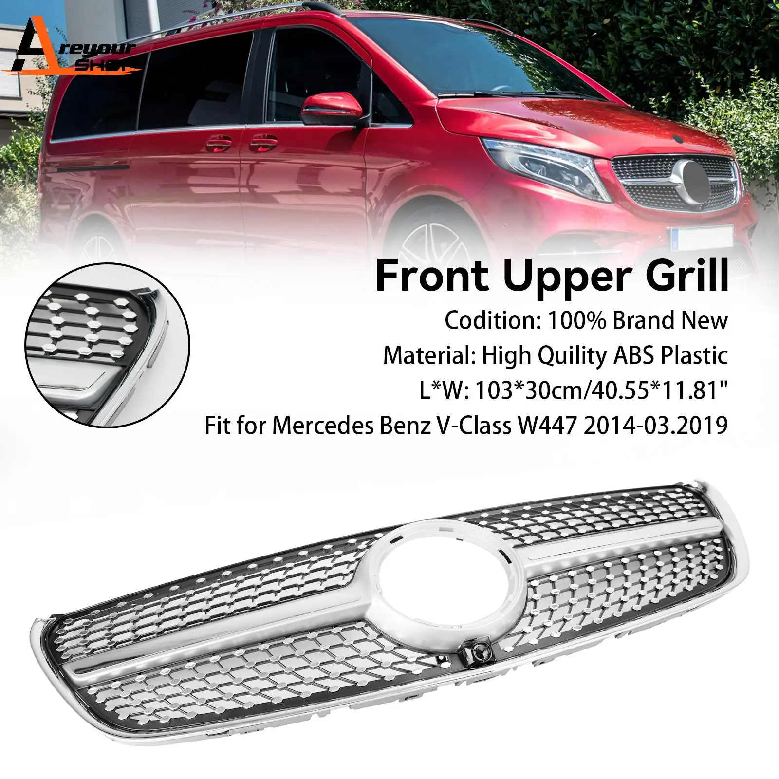 Areyourshop Diamond Front Upper Car Grille Racing Grill fit for Mercedes Benz V Class W447 2014 2015 2016 2017 2018 2019.03