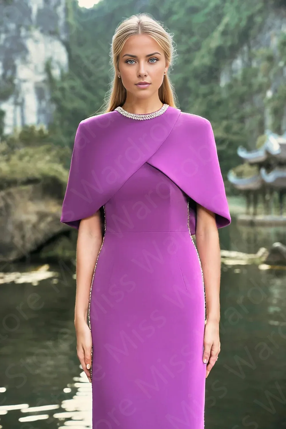 Classic Purple Arabic Evening Dresses Muslim Gowns with Cape Prom Party Gowns Luxury Beading Wedding Guest Dress 2024 Round Neck