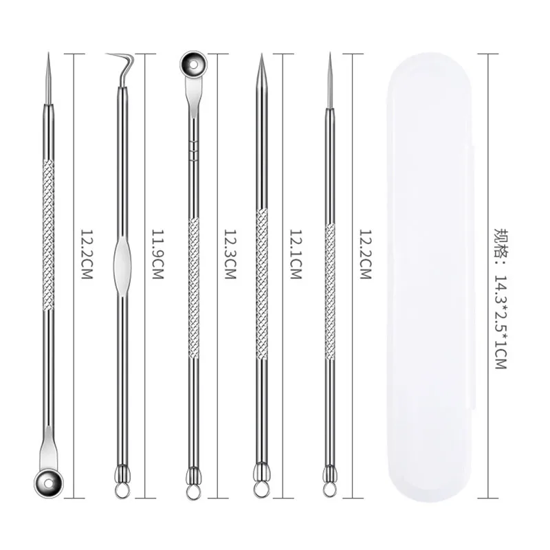 5pcs Comedondrukker Puistje Popper Tool Acne Naald Verwijderen Behandeling Whitehead Popping Zit Neus Gezicht Smet Extractor Tool